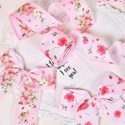 Floral Grosgrain Ribbon, 5 Rolls Flower Pattern Ribbon Spring Summer Fabric Decorative Craft Ribbon Roll for Gift Wrapping Decor Hair Bow Sewing Wreath Crafts (Pink Floral, 2.5Inch X 20Yards)