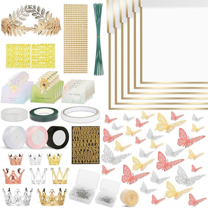 260Pcs Flower Bouquet Wrapping Paper Kit, 60 Sheets White Waterproof Paper, 36 Butterflies, 8 Crowns, 1 Headband, 4 Ribbons, 15 Cards, 100 Diamond Pins, 30 Floral Wire, 3 Stickers, 3 Tapes (White)