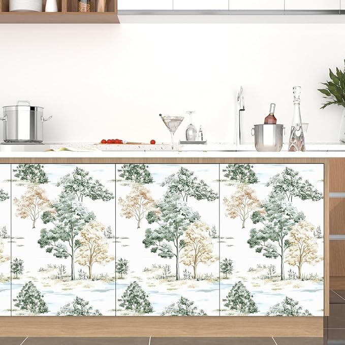 Trees Wallpaper Peel and Stick, White/Green/Yellow Forest Contact Paper, Modern Botanical Landscape Woodland Wall Paper Self Adhesive Waterproof Removable for Shelves Cabinet Drawer Table 17.5" x 118"
