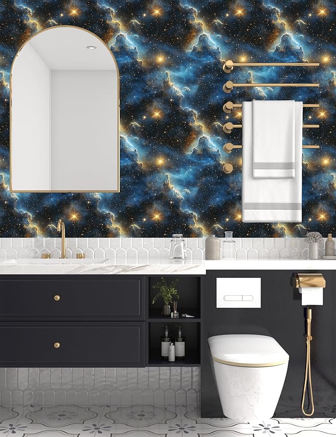 Starry Night Sky Wallpaper Peel and Stick 17.4" x 394" Dark Blue Galaxy Contact Paper Modern Space Wallpaper for Bedroom Cabinet Bathroom Home Decor