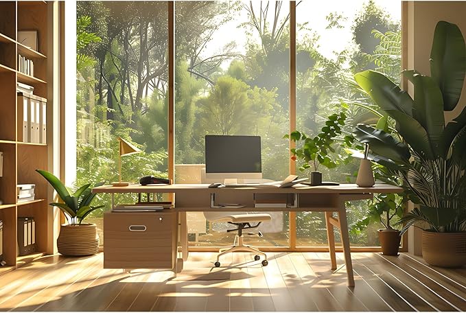 Office Background for Video Conference Modern Cozy Home Office Space Work Place Backdrop Sunlight Indoor Plants Tranquil Work Environment for Live Video Zoom Calls Studio Props Decor 10x6.5ft