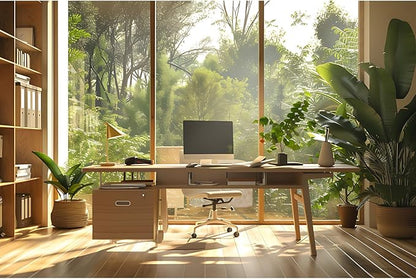 Office Background for Video Conference Modern Cozy Home Office Space Work Place Backdrop Sunlight Indoor Plants Tranquil Work Environment for Live Video Zoom Calls Studio Props Decor 7x5ft