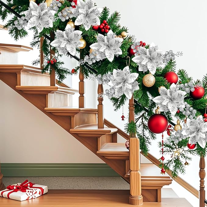 50pcs Glitter Poinsettia Christmas Ornaments, Artificial Flowers with Clips Stems for DIY Wreath Making, Holiday Home Party Decorations, Indoor Use (Sliver)
