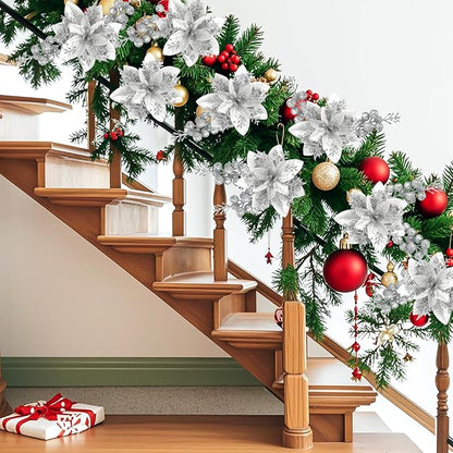 50pcs Glitter Poinsettia Christmas Ornaments, Artificial Flowers with Clips Stems for DIY Wreath Making, Holiday Home Party Decorations, Indoor Use (Sliver)