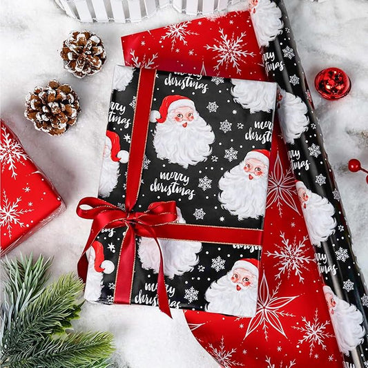 MAYPLUSS Christmas Wrapping Paper Roll - 17 Inch X 33 Feet - Merry Christmas Santa Claus Reversible Snowflake Gift Wrapping Paper, Thick Wrap Paper for Holiday Party New Year Kids