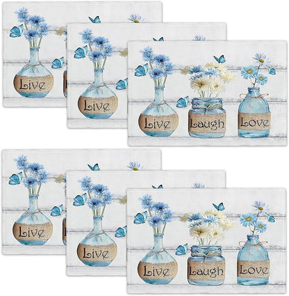 Daisy Flower Placemats Set of 6 Farmhouse Blue White Daisy Floral Table Mats Washable Place mats for Home Party Indoor Kitchen Dining Table Decoration 12x18 Inch