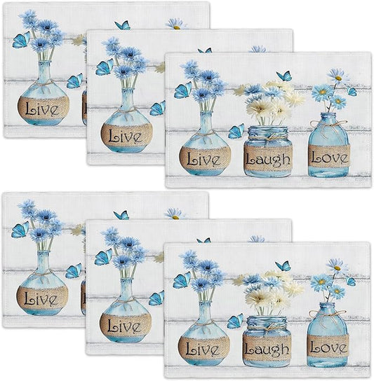 Daisy Flower Placemats Set of 6 Farmhouse Blue White Daisy Floral Table Mats Washable Place mats for Home Party Indoor Kitchen Dining Table Decoration 12x18 Inch