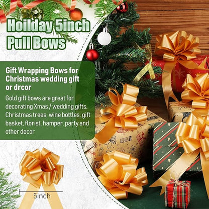 Yilloog 100 Pcs 5 Inch Christmas Pull Bows for Gift Wrapping, Gift Wrapping Pull Bows with Ribbon for Christmas Presents Wedding Decor Basket Bag Holiday Decor(Gold)