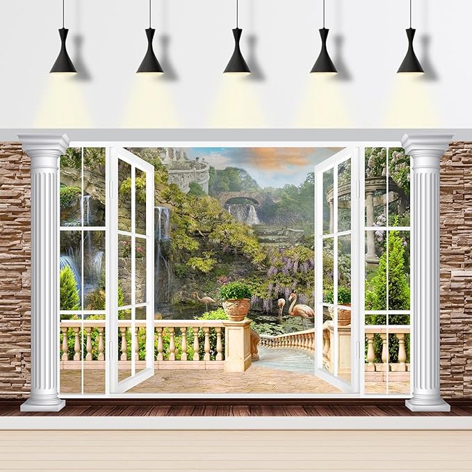 Window Scenery Backdrop White Windowsill Floral Garden Green Forest Natural Rock Stone Photography Background Garden Style Family Union Party Banner Wall Decor Photo Shoot Booth Props 10x6.5ft