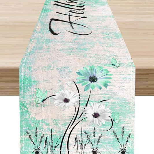 Daisy Floral Table Runner, Rustic Sunflower Wild Flowers Wooden Spring Teal Decor for Family Kitchen Farmhouse Holiday Party Table Decorations Indoor Outdoor 13x72 inch