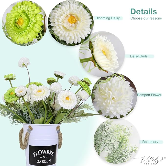 Fake Flowers Artificial Daisy Flowers Daisies and Kiku Flowers Chrysanthemum Bouquet with Rosemary Sprigs for Florals Arrangements Table Centerpieces Spring Flower Decor (White & Green)