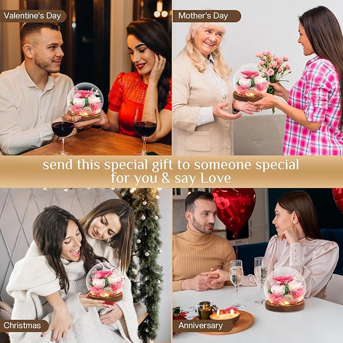 Preserved Flowers,Rose in Glass Dome with LED Light, Gifts for Her, Women, Mom,Grandma,Girlfriend, Wife- Style4