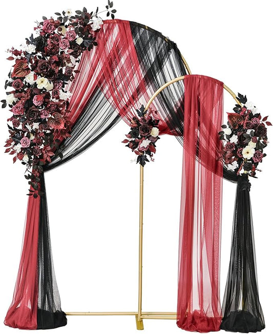 Ling's moment Wedding Arch Backdrop Stand with Flowers - 7.2FT, 6FT Set of 2 Metal Arch Frame with Drapes for Ceremony Decoration - Artificial Floral for Birthday Party, Baby Shower, Black Burgundy