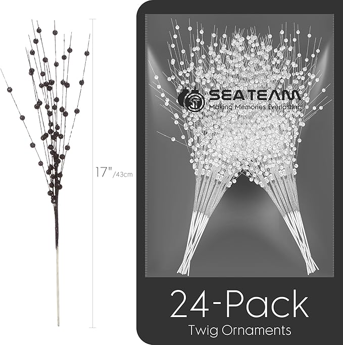 Sea Team 24-Pack Artificial Glitter Berry Stem Ornaments, Decorative Bead Sticks, Glittery Twigs, Picks, Branches for Christmas Tree, Small Vase, Holiday, Wedding, Party (17 Inches, Black)