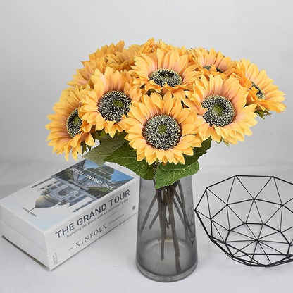 Vintage Artificial Sunflower Flowers 8 Pcs Single Long Stem Silk Fake Fall Sunflowers Bridal Wedding Bouquet Fake Yellow Flower Arrangements for Outdoor