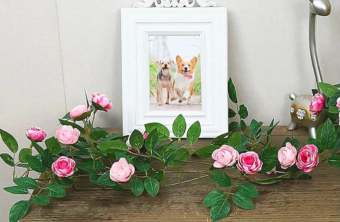 6FT Bendable Pink Rose Flower Garland, Artificial Silk Wild Roses Vine Leaves Hanging Flowers for Wall Fireplace Fence Trellis Wedding Baby Shower Room Home Spring Summer Decor(1PC)