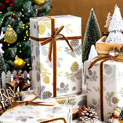 MAYPLUSS Luxury Christmas Wrapping Paper Roll - 17 Inch X 33 Feet - Beige Wrapping Paper with Gold and Silver Pine Cone, Needle Pattern Winter Motive Gift Wrap Paper for Christmas, Holiday, Birthday