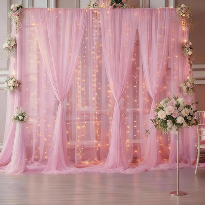 30×10ft Pink Tulle Backdrop Curtain with Lights String for Parties, Sheer Photo Backdrop Curtains for Wedding Party Photography Background