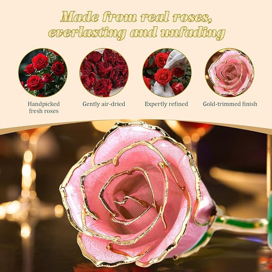Mikasol Real 24K Gold Dipped Realistic Rose – Timeless Lifelike Bloom with Heart Puzzle Base – Romantic Pink Flower Gift for Her, Wife, Girlfriend, Mom – Birthday, Anniversary, Mother’s Day (Pink)