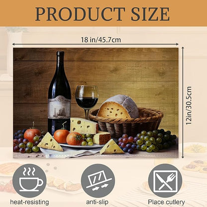 Wine Cheese Placemats Set of 6,Washable Heat Resistant 12×18 Inch Linen Table Mats Vintage Place Mats for Party Outdoor Dining Décor