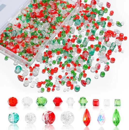 1000pcs Christmas Glass Beads for Jewelry Making Assorted Crystal Beads for DIY Crafts Bracelets Necklaces Earrings and Christmas Decorations Ornament Kits（Red Green White）