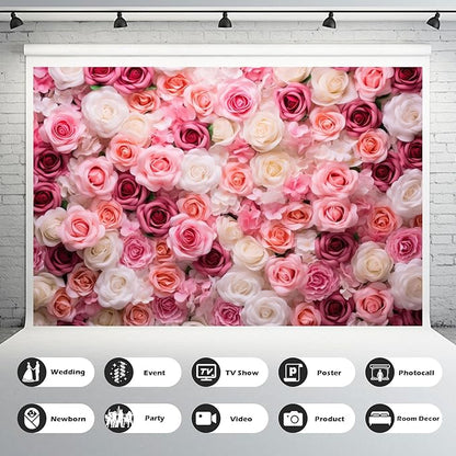 Pink Roses Background Flowers Wall Photography Background Various Floral Roses Backdrops Anniversary Birthday Wedding Baby Shower Backgrounds Decor Children Adults Video Studio Prop 12x8ft