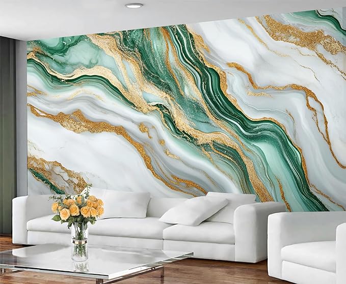 Green Gold Marble Wall Mural, Elegant Marble 3D Wall Murals, Luxury Stone Texture Wallpaper Mural, for Living Room Bedroom Large Wallpaper Indoor Decor 177.16" W x120 H