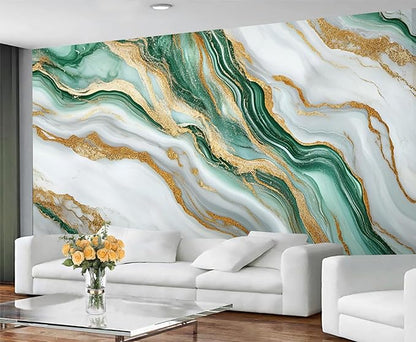 Green Gold Marble Wall Mural, Elegant Marble 3D Wall Murals, Luxury Stone Texture Wallpaper Mural, for Living Room Bedroom Large Wallpaper Indoor Decor 78.7" W x55.1 H