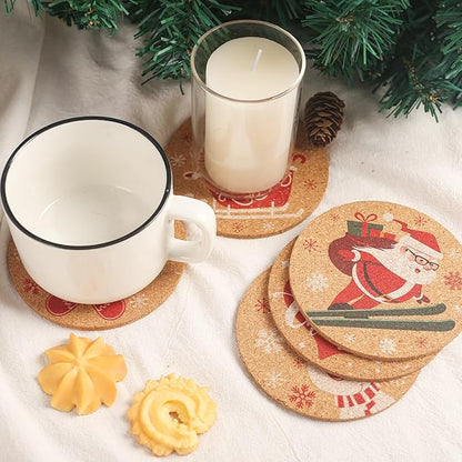 HANSGO 12PCS Christmas Cork Coasters, Cork Cup Mat Xmas Wooden Coasters for Drinks Xmas Party Home Kitchen Table