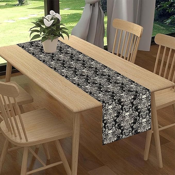 Gothic Table Runner, Black Damask Skull Boho Vintage Art Print Linen Table Center Decor Family Kitchen Outdoor Farmhouse Holiday Party Table Decorations 13x36 inch