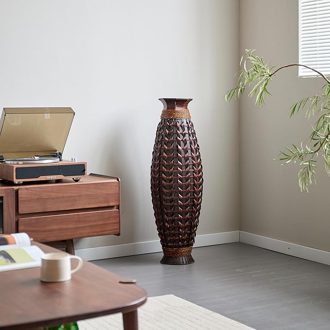 Large Hand-Woven Bamboo Floor Vase, Tall Home Decor Floor Vase for Fake Flower Dried, Flower Holder for Living Room, Bedroom, Dining Room, Entryway, Hallway