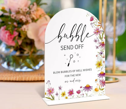 Bubble Send off Sign for Wedding Table Decor, Wild Flower Arch Acrylic Wedding Signs for Reception, Love Is In Bloom Bridal Shower Floral Engagement Party Decorations, 6x8 Inch