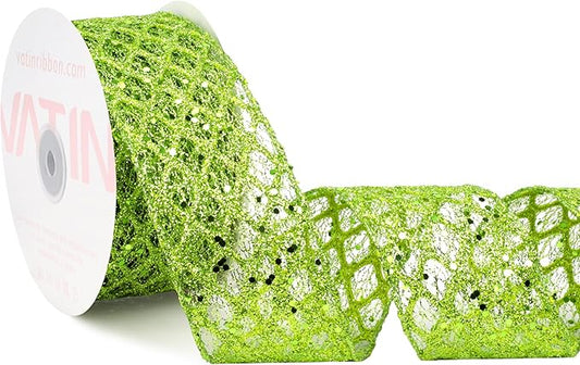 VATIN 2-1/2" Apple Green Christmas Ribbon, Green Glitter Mesh Diamond Web Sequin Dots Wired Christmas Ribbon for Gift Wrapping Bow Making Wreath Supply-10 Yards