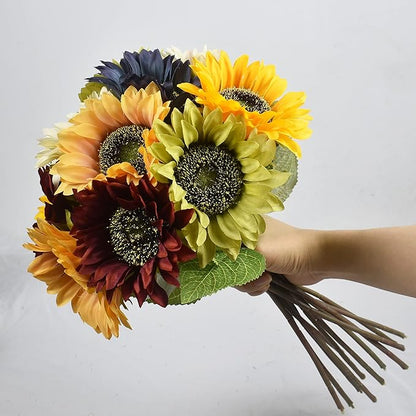 Multicolor Artificial Sunflower Flowers Long Stem Large Silk Sunflowers Bridal Wedding Bouquet 6pcs Fake Yellow Flower Arrangements for Outdoor