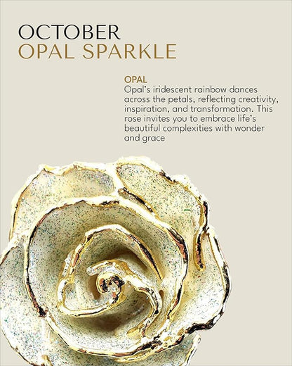 Forever Rose Hand-Dipped in 24K Gold, Opal-Inspired October Birthstone with Sparkles, Real Rose in Leather Case with LED Light – Perfect Ready to Gift for October Birthday or Any Occasion