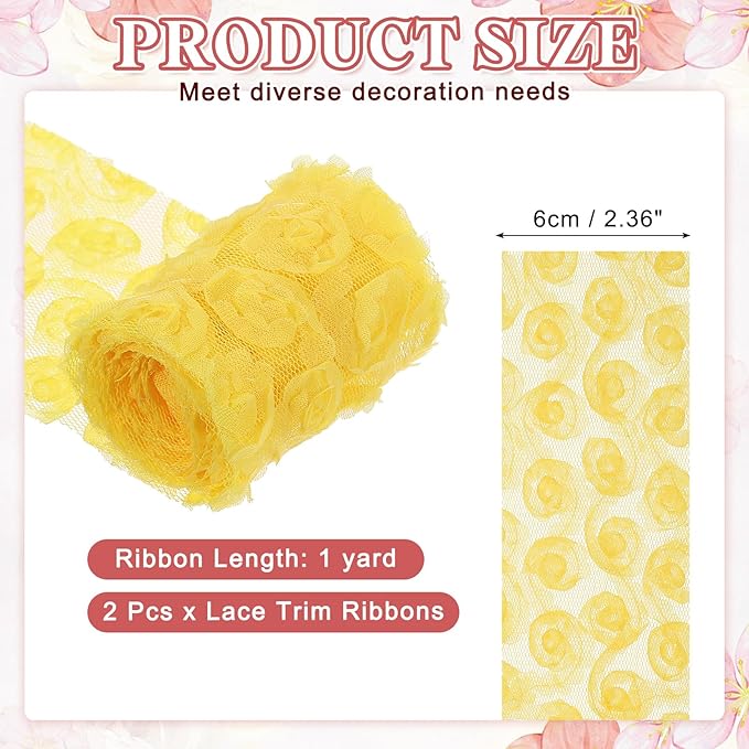 uxcell 2PCS Lace Trim Ribbon, 2.36 inch - 1 Yard 3D Rose Floral Embroidery Ribbons Edge Trimming for Sewing, Wedding Dress, DIY Crafts, Decoration Accessories, Dark Yellow
