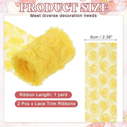 uxcell 2PCS Lace Trim Ribbon, 2.36 inch - 1 Yard 3D Rose Floral Embroidery Ribbons Edge Trimming for Sewing, Wedding Dress, DIY Crafts, Decoration Accessories, Dark Yellow