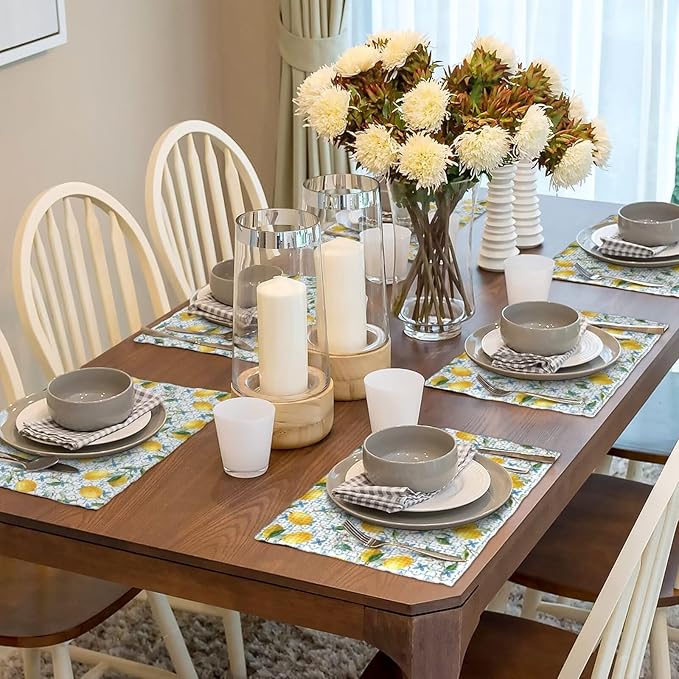 Lemon Linen Placemats Set of 6 Summer Fruit Print Heat Resistant Table Mats for Home Party Indoor Holiday Kitchen Dining Room Decor 12 x 18 Inch