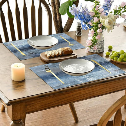 Abstract Blue and Grey Art Placemats Set of 4, Placemats for Dining Table,Heat Resistant Stain Resistant Wipeable Table Mats for Kitchen Dining Holiday Party Home Decor,12x18 Inch