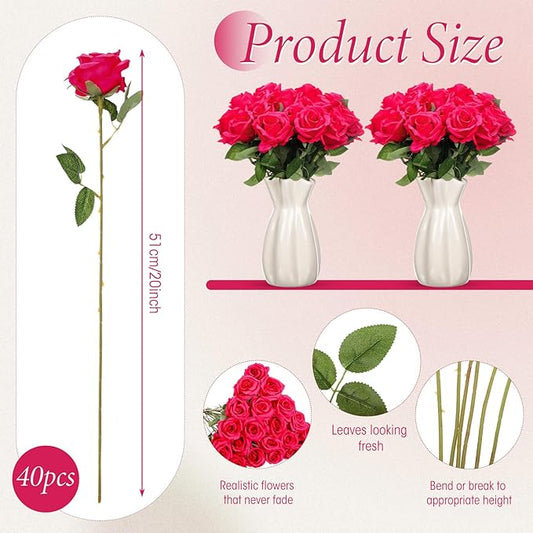 Hotop 40 Pcs Rose Artificial Flowers Bulk with Long Stem,Realistic Silk Fake Roses Bouquet for Home Wedding Centerpieces Party Table Decoration Valentines Gifts(Hot Pink)