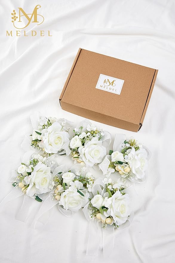 Meldel White Wrist Corsage for Women Bride Bridesmaids Wedding, Set of 6, Artificial Rose Corsages Wristlet for Prom Suit Accessories Bridal Shower Mother Homecoming Flowers Party Ceremony Anniversary