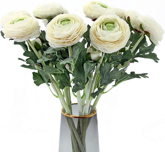 Artificial Ranunculus Flowers with Real Touch Stem, Silk Ranunculus Flowers(10 Pack) (White)