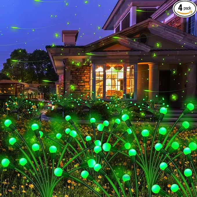 Kohlrabi Solar Halloween Lights Outdoor, 4 Pack 40 LED Solar Green Firefly Lights Waterproof, Starburst Wind Swaying Light for Outside Yard Patio Planter Flower Bed Walkway Christmas Decoration
