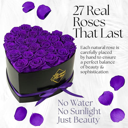 GLAMOUR BOUTIQUE 27 Flower Forever Heart Shape Box - Preserved Roses Gift for Her, Preserved Flowers, Purple