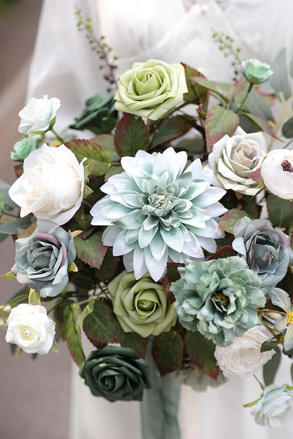 YYHUAWU Artificial Flowers Combo Set Fake Flower Leaf Box with Stems for DIY Wedding Bouquets Centerpieces Arrangements Baby Shower Party Home Decorations (Tiffany Blue & Forest Green)