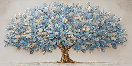 Blue Tree of Life Canvas Wall Art Nature Blue Gold Leaf Abstract Tree Canvas Painting Textured Pictures, Modern Large Panoramic Landscape Ready for Living Room Bedroom Office Home Décor 46L" x 23W"