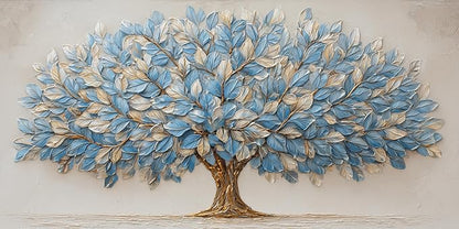 Blue Tree of Life Canvas Wall Art Nature Blue Gold Leaf Abstract Tree Canvas Painting Textured Pictures, Modern Large Panoramic Landscape Ready for Living Room Bedroom Office Home Décor 30L" x 16W"