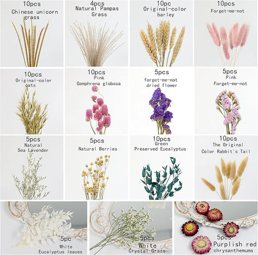 DIY Dried Flower Set, Bulk Dried Flowers,Handmade Ideas, DIY Flower Set Bouquet, Door Hanging Wreath, Desktop Decoration Mini Dried Flower (Pink)