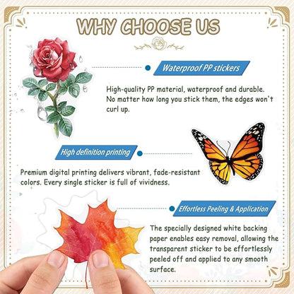 200Pcs Transparent Flower Butterfly Stickers, Aesthetic Nature Floral Decals for Girls Kids Teens Adults, Waterproof Sticker for Water Bottle Scrapbooking Laptop DIY Card Letters Party Supplies