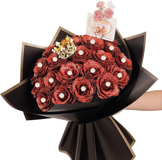 25 Pcs Red Glitter Roses Bouquet,DIY Artificial Bouquet of Shiny Red Faux Rose Flowers Bouquet with Stem Pearl Crown for Wedding Bouquet Centerpiece Floral Arrangement Bride Shower Party Home Decor